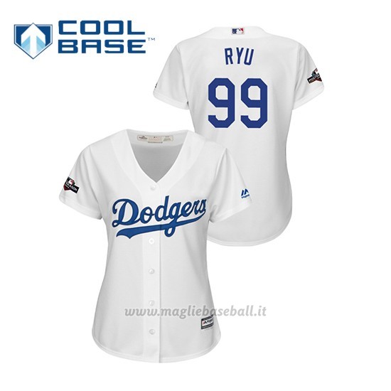 Maglia Baseball Donna Los Angeles Dodgers 99 Hyun Jin Ryu 2019 Postseason Cool Base Bianco